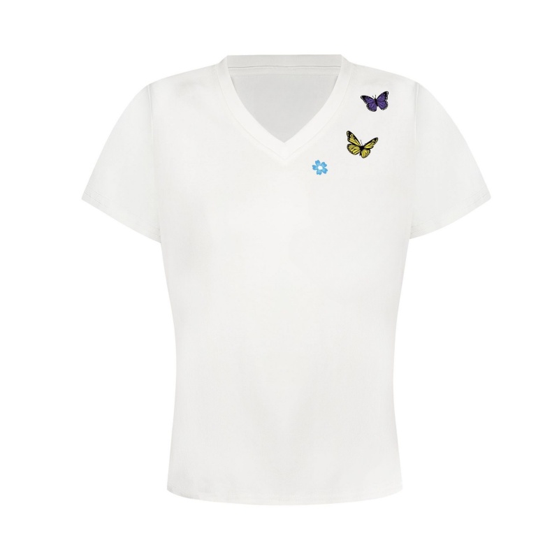 White Butterfly Accent V-Neck T-Shirt