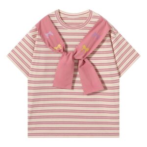 Pink Shawl Neck Striped T-Shirt