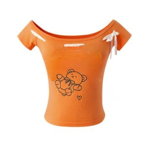 Bear Print Lace-Detail Off-Shoulder T-Shirt