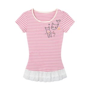 Pink and White Striped T-Shirt with Lace Trim