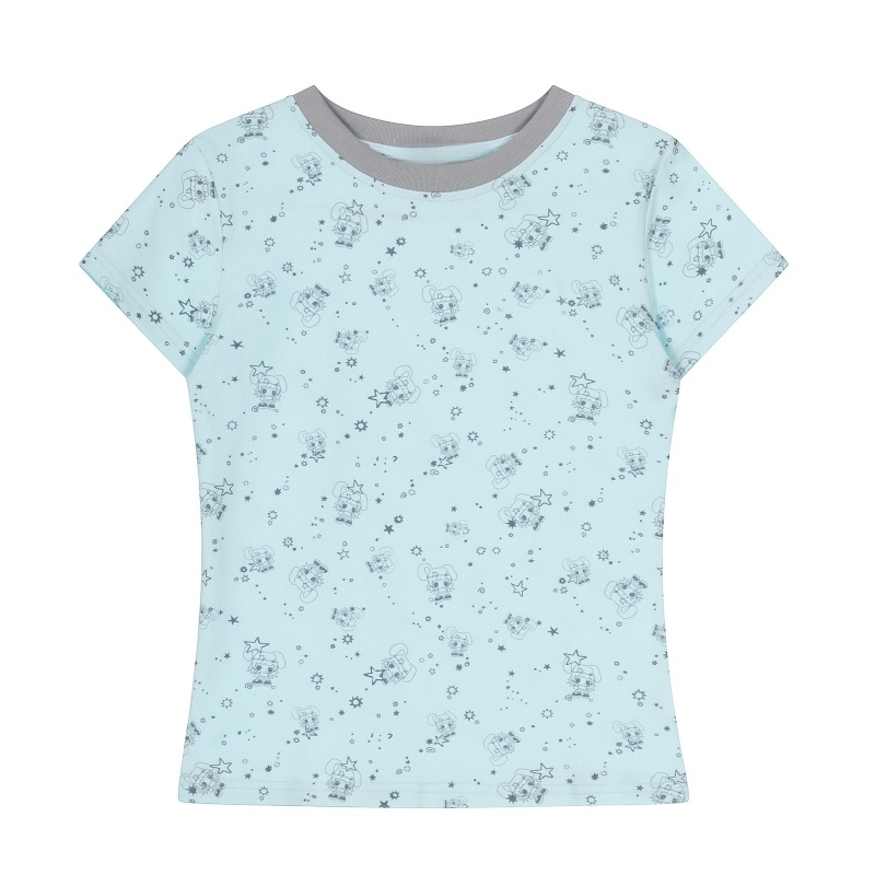 Light Blue T-Shirt with All-Over Cartoon Print